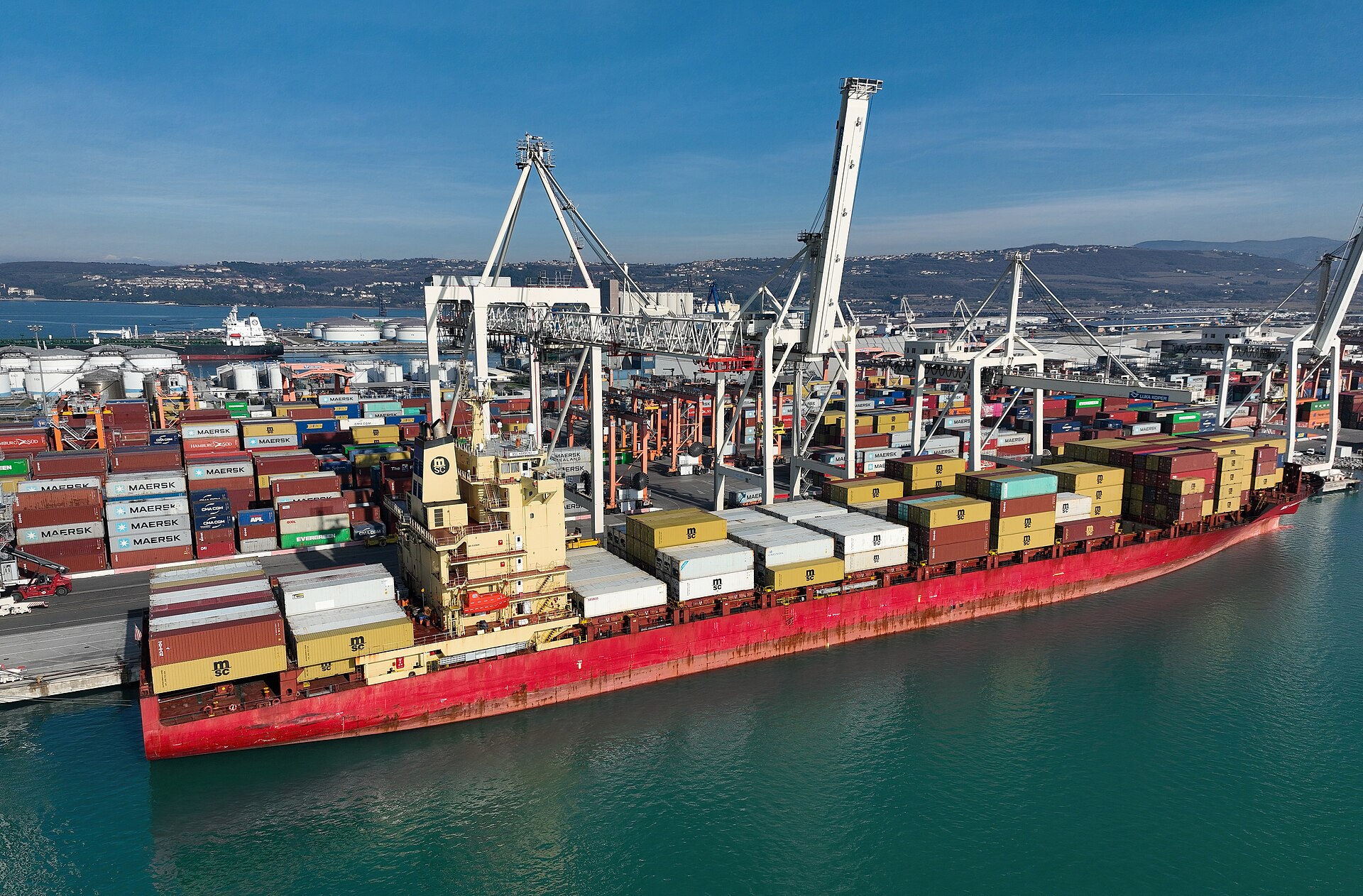 Container ship loaded at port